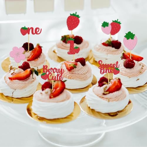 Sweetheart Strawberry Cupcake Toppers - 30 Pcs Birthday Decorations