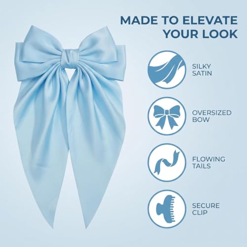 Light Blue Satin Hair Bow Barrette with Long Tails
