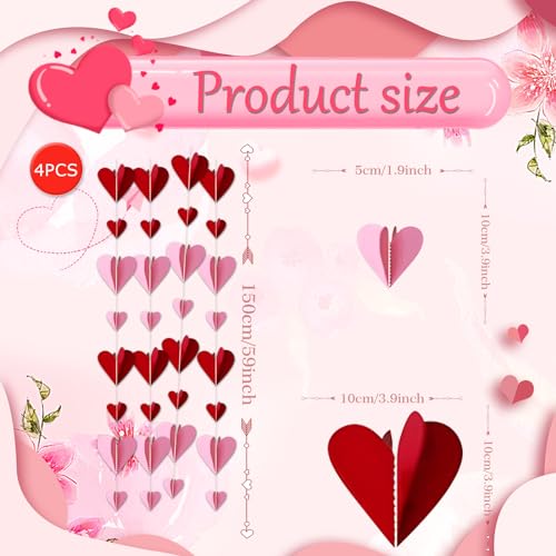 3D Heart Garland for Valentine's Day - 32 pcs Red & Pink Decor