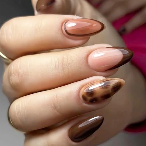 Octoswave Long Almond Press on Nails Leopard Tortoiseshell Glossy Brown 24Pcs
