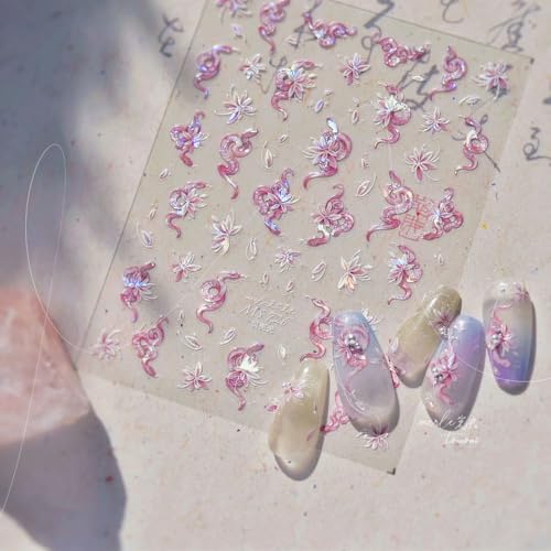 HORVEEN Holographic Floral Snake Nail Art Stickers Pink and White Decals