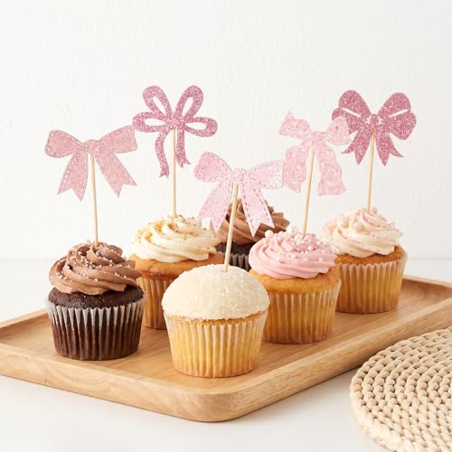 24 Pink Bow Cupcake Toppers - Pre-Assembled Party Decorations