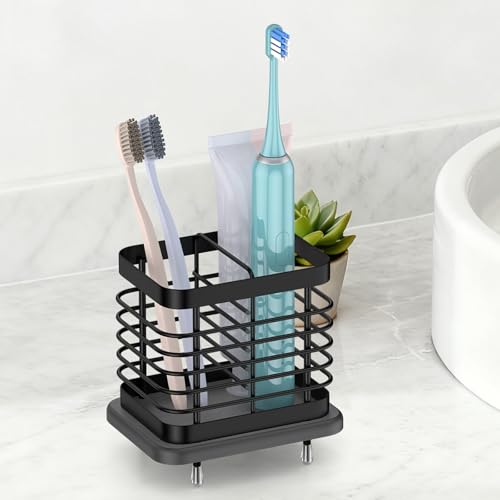 Wall Mounted Toothbrush Holder with Fast Dry Tray - 2 Slots, Black