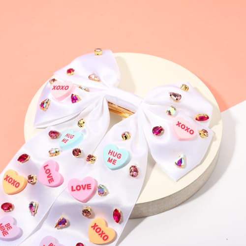 Valentine's Day Jeweled Conversation Heart Hair Bow Clip Red Pink