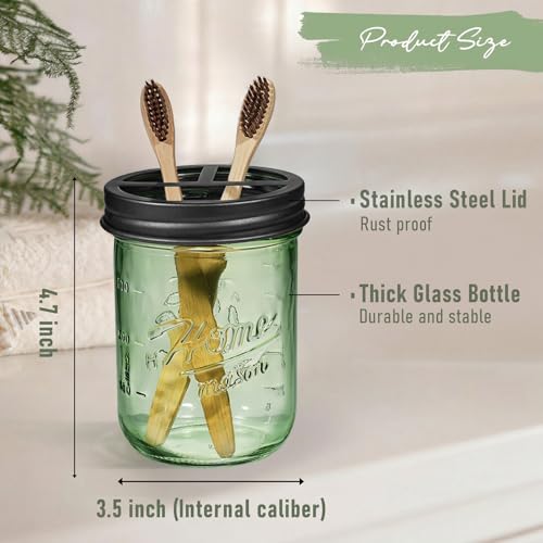 Green Mason Jar Toothbrush Holder with Stainless Steel Lid - Farmhouse Bathroom Organizer