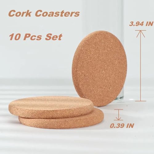 10-Piece Cork Coaster Set, 0.39-Inch Extra Thick Natural Drink Coasters