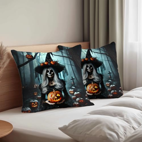 HOMETITUTE Set of 2 Day of The Dead Witch Pillow Covers 18x18
