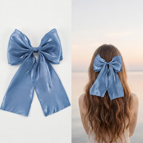 Large Blue Hair Bow Clip with Long Tails for Women and Girls