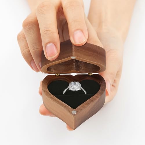 LETURE Wooden Heart-Shaped Ring Box for Engagement & Wedding