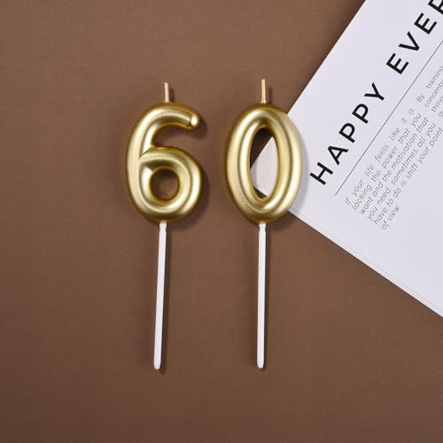 Number 60 Gold Birthday Candles, 2.35-Inch 3D Diamond Cake Topper Set