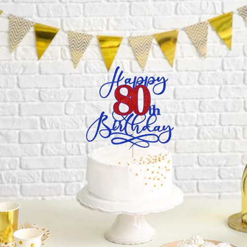80th Birthday Cake Topper - Deep Blue & Red Glitter Party Decoration
