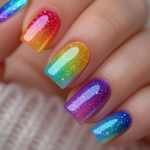 Short Square Press on Nails Glossy Gradient Rainbow Fake Nails 24 Pcs