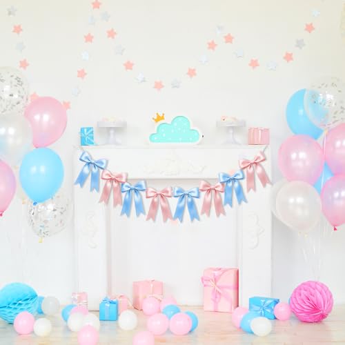 Baby Pink & Blue Bow Garland Banner - 16PCS Pre-Strung Decor