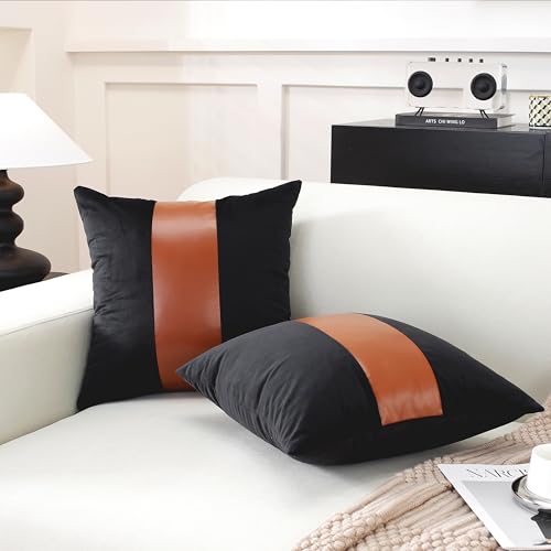 TAOSON Velvet Throw Pillow Covers 18x18 Inch, White & Black Striped, Set of 2