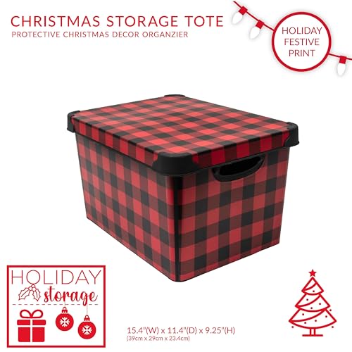 Checkered Design Holiday Storage Bin - Christmas Tote with Lid - Buffalo Plaid Organizer
