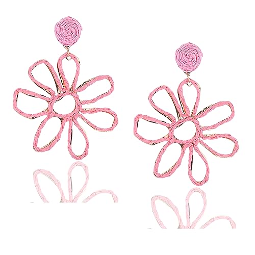 Boho Raffia Floral Dangle Earrings - Colorful Handwoven Jewelry