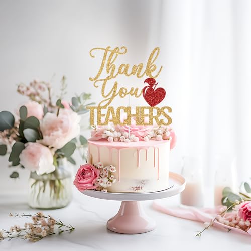 Thank You Teachers Cake Topper - Gold & Red Glitter Decoration