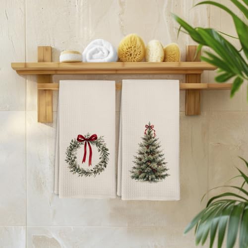 Vintage Christmas Tree Kitchen Hand Towels Set of 2 - Tree Wreath Variation