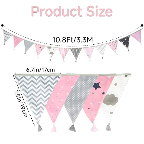 10.8ft Cotton Triangle Bunting Banner - 12 Pink & Grey Flags