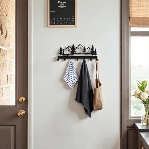 Hounahha 12-Inch Wall Mounted Key Holder with 7 Hooks, Mountain & Grove Design, Black Metal Storage Rack for Home & Office