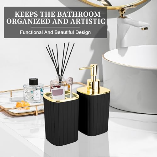 RRM Black and Gold Bathroom Accessory Set - 2-Piece Soap Dispenser & Holder