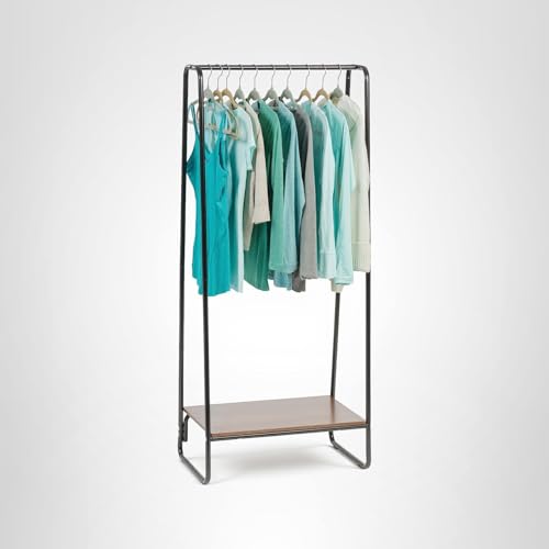 IRIS USA Clothes Rack for Hanging Clothes with Bottom Wood Shelf, Freestanding Clothing Rack, Easy to Assemble Garment Rack, Metal, Sturdy Design, Multipurpose, Small Space Storage Solution, Black