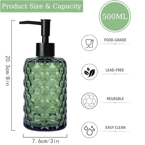 17oz Green Honeycomb Glass Soap Dispenser with Black Pump
