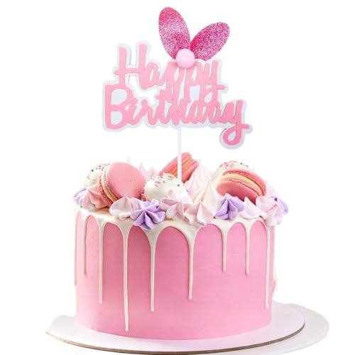 Happy Birthday Cake Topper with Bunny Ears - Pink Glitter Decoration