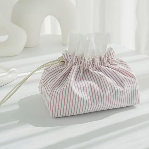 Stylish Pink Striped Fabric Tissue Box Cover with Handle