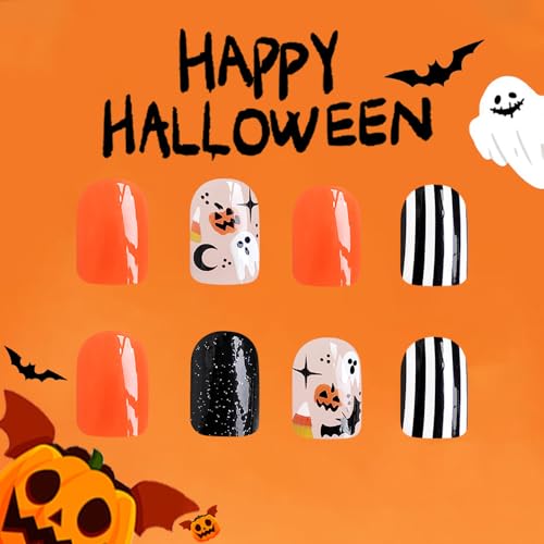 Halloween Press on Nails Short Square Cute Ghost Bat Pumpkin Acrylic Fake Nails 24Pcs