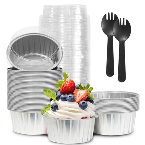 50Pcs Silver Aluminum Foil Cupcake Cups with Lids and Spoons, 5oz