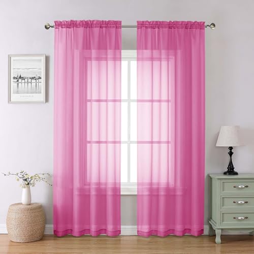 Lecloud Hot Pink Sheer Curtains, 42" x 84" Voile Drapes (2 Panels)