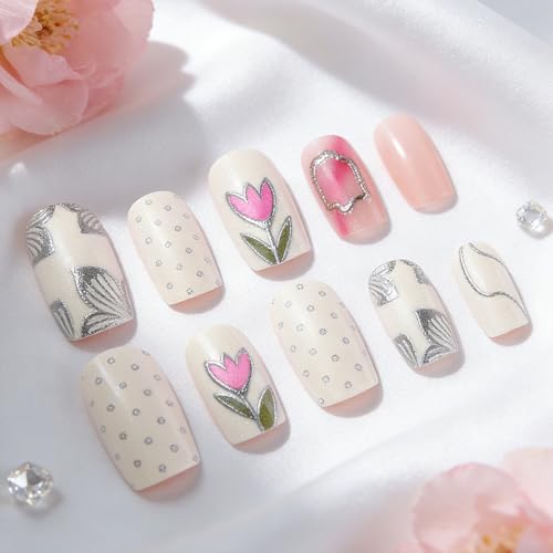 Short Square Floral Press on Nails with Silver Polka Dots (24 Pcs)