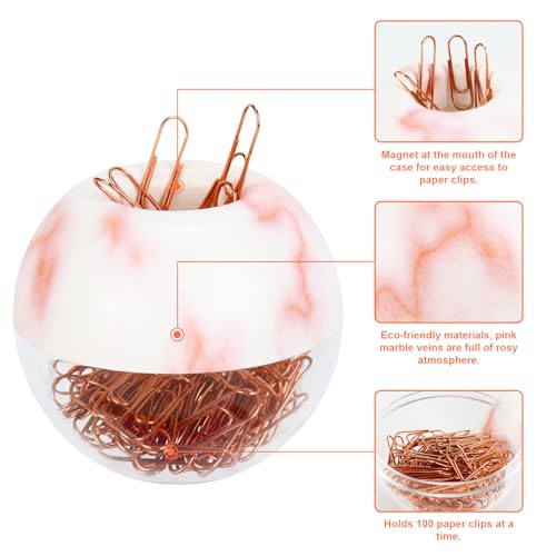 MultiBey Marble Pink Paper Clip Holder with 100 Rose Gold Clips