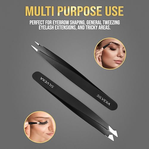 SILVEXA 4-in-1 Stainless Steel Precision Tweezers Set for Eyebrows and Ingrown Hair
