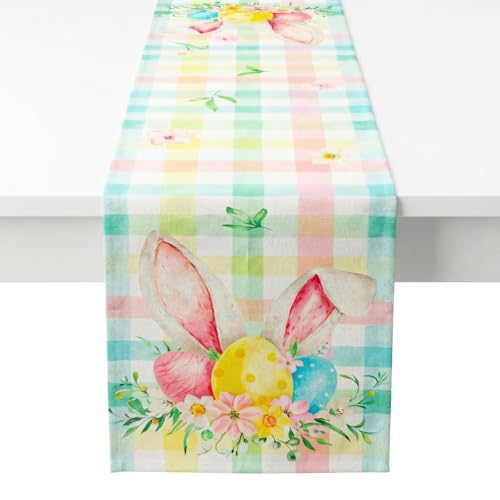 Easter Table Runner 13x72 Inch Pastel Plaid Linen with Bunny Ears and Spring Florals