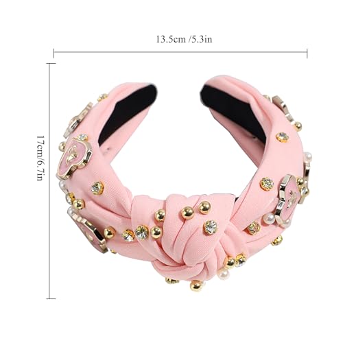 Sokfone Pearl Rhinestone Knotted Headband - Pink Valentine Heart Hair Accessory