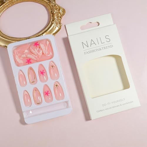 Nude Pink Press on Nails Medium Almond 3D Flowers & Gold Rhinestones