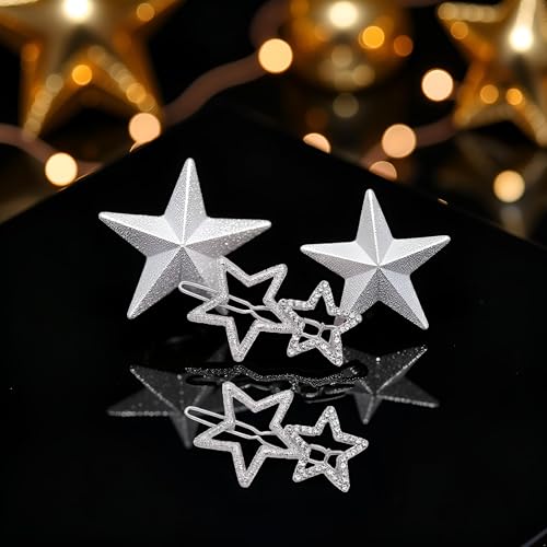 Silver Bling Rhinestone Star Hair Clips Set - 2Pcs Metal Geometric Barrettes