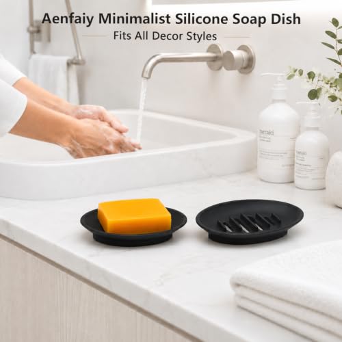 Aenfaiy Silicone Soap Holder - Self-Draining Soap Dish for Shower (Black, 2pcs)