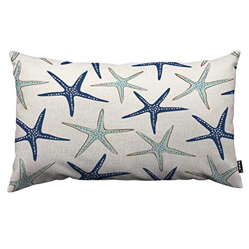 Nautical Starfish Throw Pillow Cover 12x20 Inch - Navy Blue Faux Linen