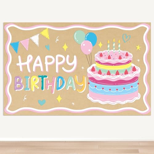 Happy Birthday Kraft Paper Banner - Colorful Cake Backdrop 39x25"