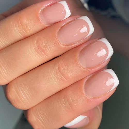 IKISKT Glossy Nude French Press On Nails Short Squoval Fake Nails Kit