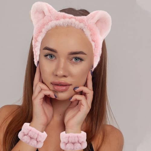JazSwirl 3-Piece Skincare Headband and Wristband Set - Plush Cat Ear Design