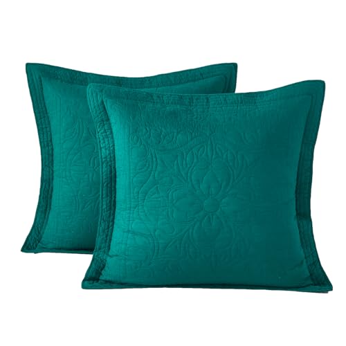 WINLIFE 100% Cotton Quilted Euro Sham Covers, 26" x 26" Square, Emerald Green, 2-Pack