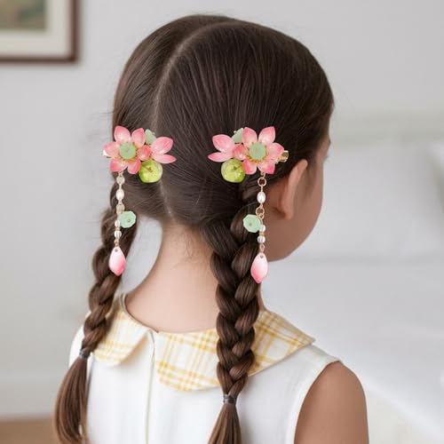 Shimmeroo 2Pcs Pink Flower Hair Clip Vintage Glass Bead Tassel Barrette
