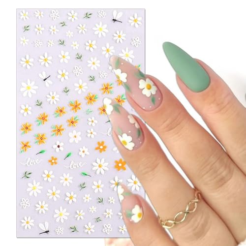 IDDFEVE 5D Embossed Daisy Nail Art Stickers - Self-Adhesive Floral Decals (4 Sheets)