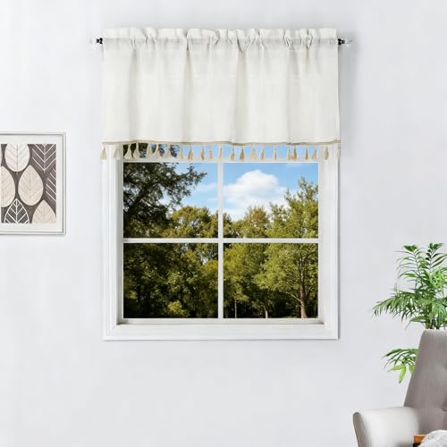 Easy Home Boho Tassel Window Valance Faux Linen Sheer Curtain Beige