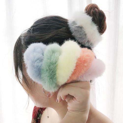 Spenlly Fluffy Plush Pom Pom Hair Scrunchies 4-Pack - Watermelon Red