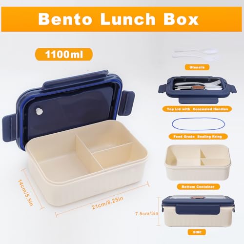 AYauGamA 3-Compartment Bento Lunch Box - 1100ml Leak-Proof Container (Blue)